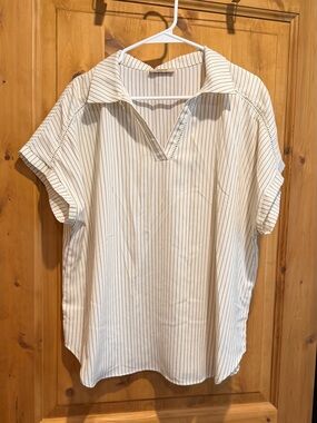 Striped Cream and Chocolate Brown V-Neck Collared Blouse